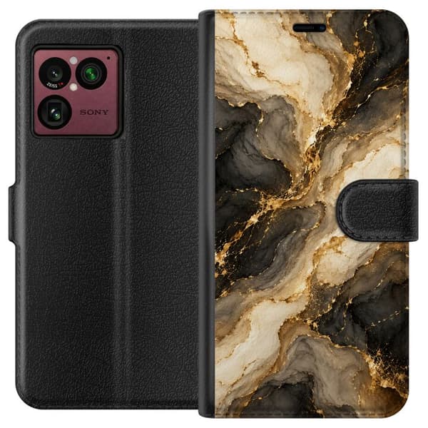 Kompatibelt Lommeboketui til Sony Xperia 1 VIII Gullmarmor – Slyngende marmorårer i svart, gull og kremhvitt. Et dekorativt bildemotiv med maleriske