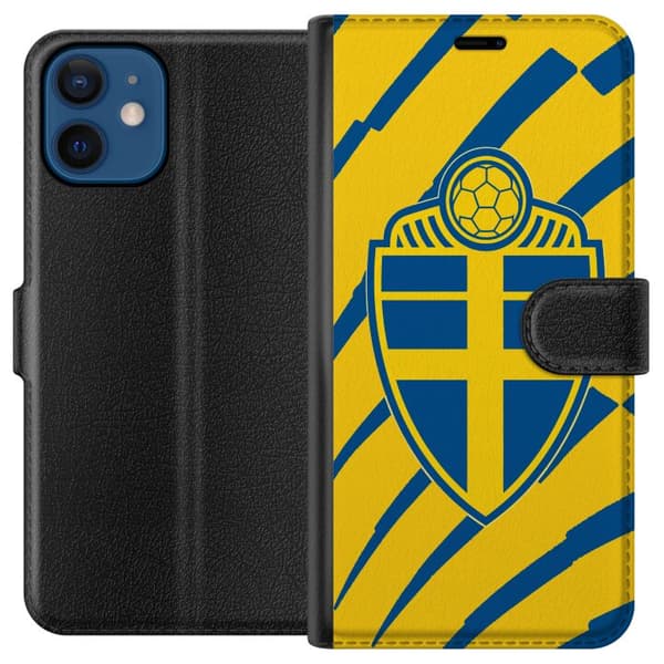 Yhteensopiva Lompakkokotelo Apple iPhone 12 Keltainen ja sininen kilpi, jossa jalkapallo ja vuoden 2026 MM-teema kunnioittavat Ruotsia ja kansainväli