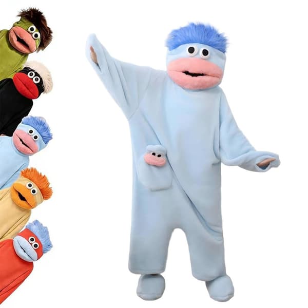 Morsom Monster-onesie-pysjamas med stor munn for barn og voksne, myk plysj til kostymefest og cosplay, med sko og kam