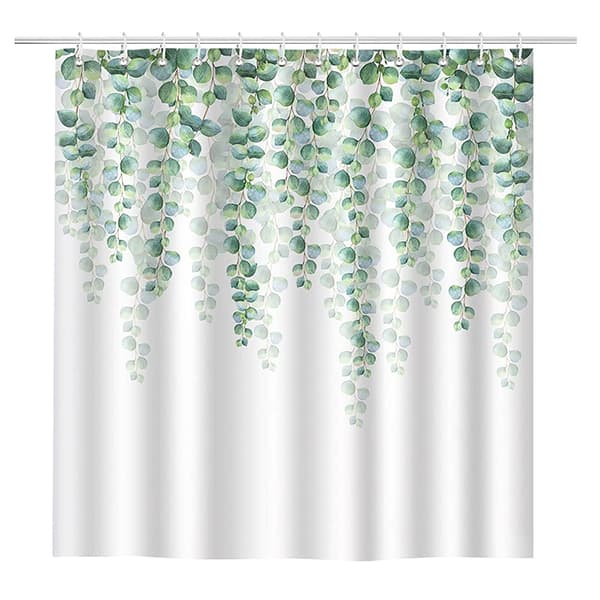 Salviegrønt dusjforheng med blader, polyesterstoff dekorert med en akvarell eukalyptusdesign, 180 x 180 cm, botaniske urter naturinspirert