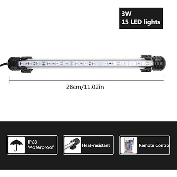 Fargerik LED akvarielys Fisktank Lys Vanntett Lysstav Fargelys Dykkelys 28cm