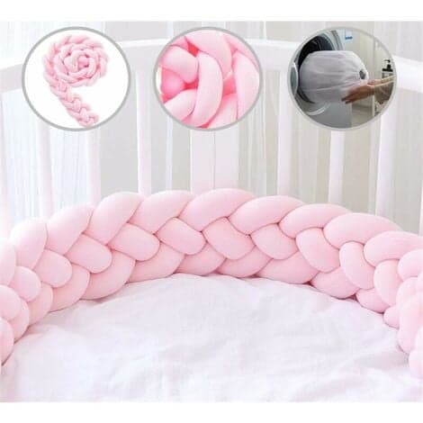 4 flettede babyputer, serpentinvevd, antivibrasjonsputer i fløyel for sprinkelsengdekorasjon med linpute, rosa, 1,5 m