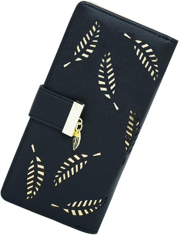 Dames Lommebok Hullet Bladmønster Todelt Lær Dame Lang Lommebok Lommebok Glidelås Håndveske Knapp Clutch Bag (Svart)