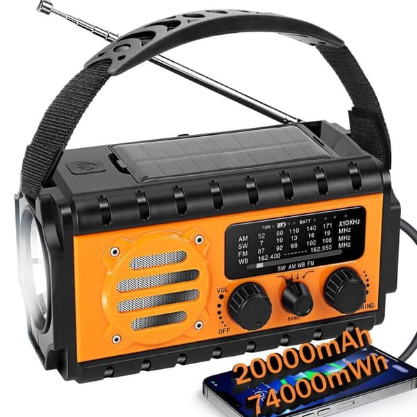 20000mAh Nødradio med Lommelygte, Solcelle Håndsvingradio, AM/FM Vejrradio, SOS, Mobilopladning