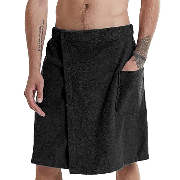 Justerbar badehåndklædeskjorte til mænd - Bærbar håndklædeskjorte med lomme til fitnesscenter, brusebad, sauna, spa og strandtøj sort M
