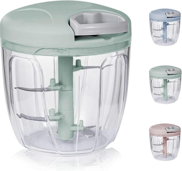 Manuel løghakker med 3 rustfri stålblade. Multifunktionel hakker og blender til løg, hvidløg, kød, nødder og andre fødevarer.