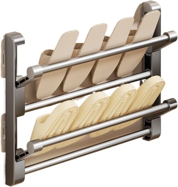 Enkel skoholder, vægmonterede badeværelsestøfler, kroge, skoholder, tøfler, afløbsrør, opbevaring, tørring og organisering, tøjstativ (50 cm grå).