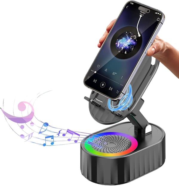 5-in-1 Bluetooth-kaiutin langattomalla latauksella ja värillisillä valoilla - 4000mAh varavirtalähde, puhelinteline iPhone/Android-laitteille (musta)