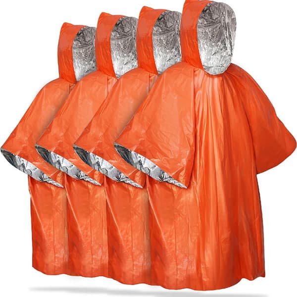 Hätäselviytymisponcho 4 kpl, Käännettävä lämpöä eristävä Mylar-huppusadeviitta aikuisille retkeilyyn ja leiriytymiseen, Oranssi 130 x 100 cm