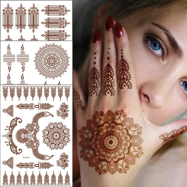 6 arkkia ruskeita henna-tatuointi-tarroja, seksikkäitä pitsiä, vedenpitäviä irrotettavia väärennöksiä, ylellisiä mandala-kukka-aiheisia lahjoja
