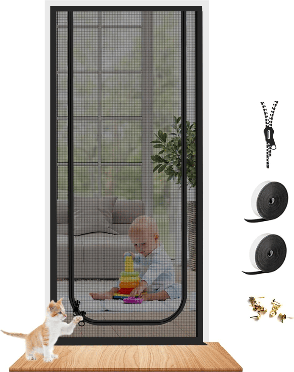 Kjæledyrnettdør, kraftig katte- og hundeklobestandig nett med glidelås, passer dører opp til 89 x 203 cm for stue, soverom svart