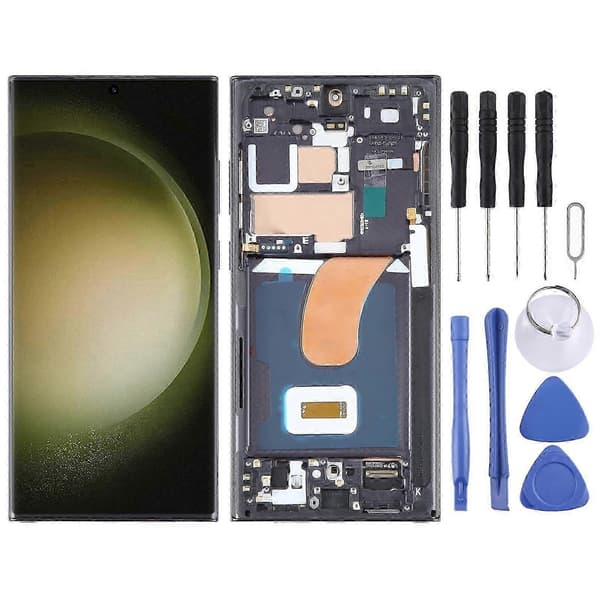 Kompatibel med Samsung Galaxy S23 Ultra 5G SM-S918B EU 6,78 tommer OLED LCD-skærm Digitizer Fuld Samling med Ramme Sort SZRG A-D-WELLNGS