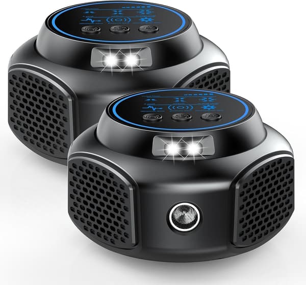 360° ultralyd-gnagerjager med LED-lys; effektiv mot rotter, mus, vånd og hasselmus, 2 stk.