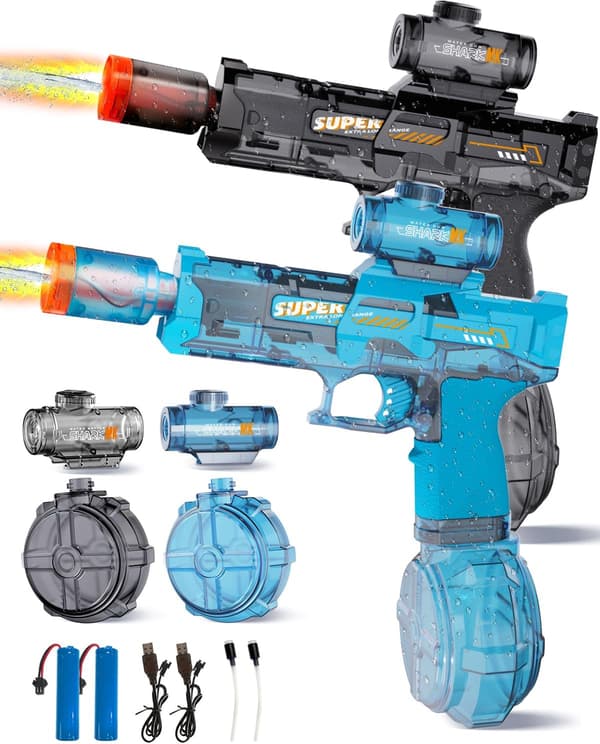 2 stk. elektrisk vannpistol, vannpistol for barn med LED-flamme, oppladbar vannrifle for barn 3-12 år, 8-10 m rekkevidde, basseng, strand, fest, utend