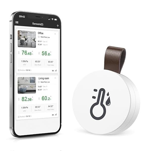 Bluetooth-lämpömittari ja -kosteusmittari tiedontallennuksella / Langaton lämpömittari ja kosteusmittari sovelluksella ja tiedonäytöllä