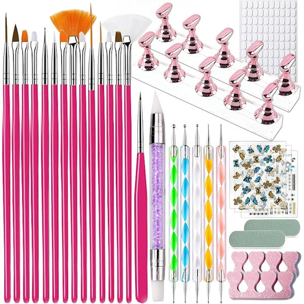 31 st Nagelkonst Penslar Set, 15 nagelkonstpenslar 6 nageldottingverktyg 3 nagelklistermärken 2