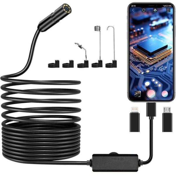 Endoskopkamera, 1920P HD rørinspeksjonskamera, IP67 endoskopkamera med 8 LED-lys og 5m semi-stiv kabel for iPhone iOS iPad