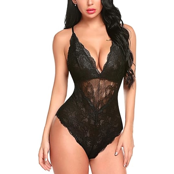 Kvinnors Snap Open Crotch Lingerie Sexig Spets Bodysuit Deep V Teddy