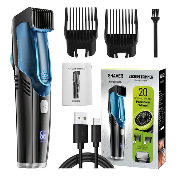 Skjeggtrimmer med vakuum, oppladbar bartetrimmer med justerbar kam (1-20 mm), IPX6 vanntett for skjegg, bart og stubb BDCJY