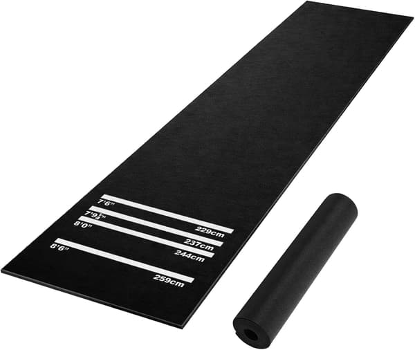 Kraftig sklisikker dartmatte i gummi, 4 standard kaste-linjer Oche, gulvbeskyttelse for stål- og soft tip-dart, 300 cm x 62 cm