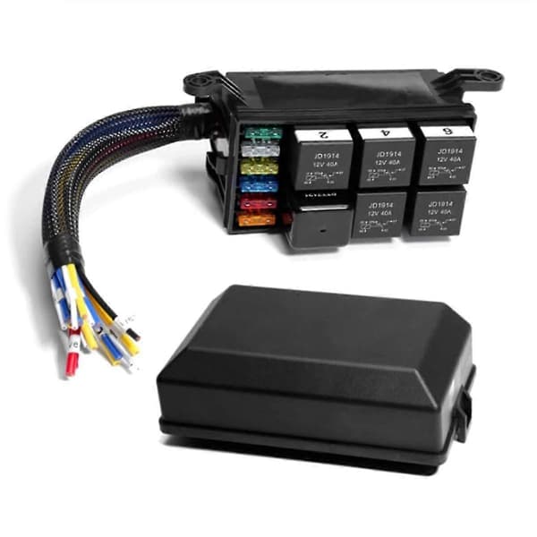 12 V autojen sulake- ja relekotelo esijohdotuksella, 6-suuntainen sulakekotelon muokkausrelemoduuli auto- ja merikäyttöön