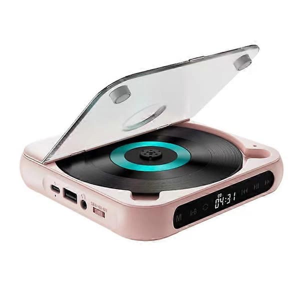 Kannettava CD-soitin Bluetooth-kaiutin, LED-näyttö, stereosoitin, seinään kiinnitettävä CD-musiikkisoitin FM-radiolla - Pinkki