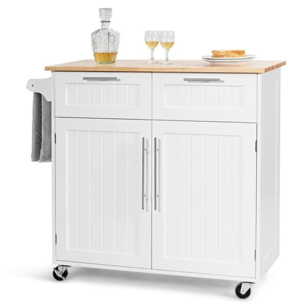 COSTWAY Køkkenvogn/Trolley på hjul - 94x45x94,5 CM - 2 skuffer - 2 låger - Håndklædestativ - Køkkenø - Hvid
