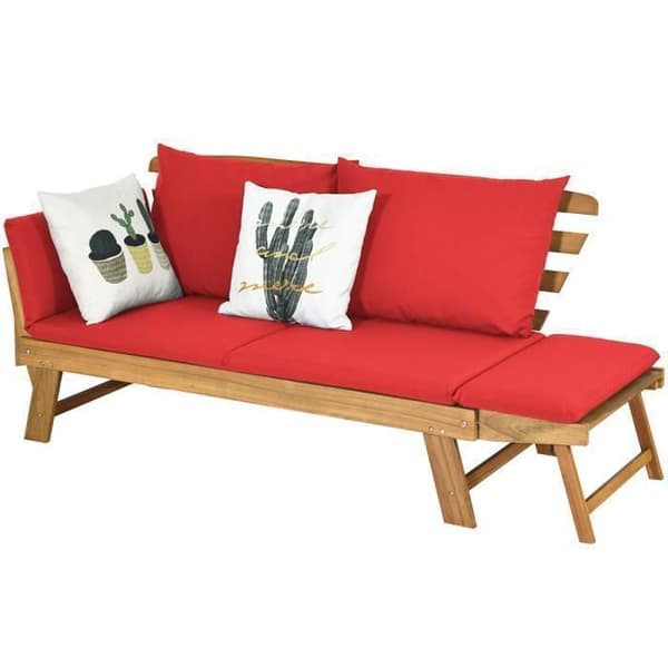 COSTWAY 3 i 1 Convertible Akacietræ Have Sofa Seng - 2 Personer, Belastning 320KG - Aftagelige Rygpuder - Rød