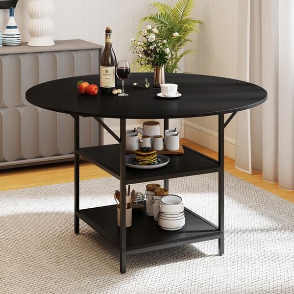 COSTWAY Rund Matbord 120 x 76 cm för 4-6 Personer med Öppen Hylla i 2 Nivåer - Svart Metallram