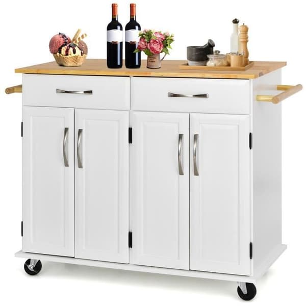 COSTWAY keittiövaunu pyörillä - 2 laatikkoa, 2 kaksiovista kaappia, säädettävät hyllyt - Kitchen Island vaunu - valkoinen