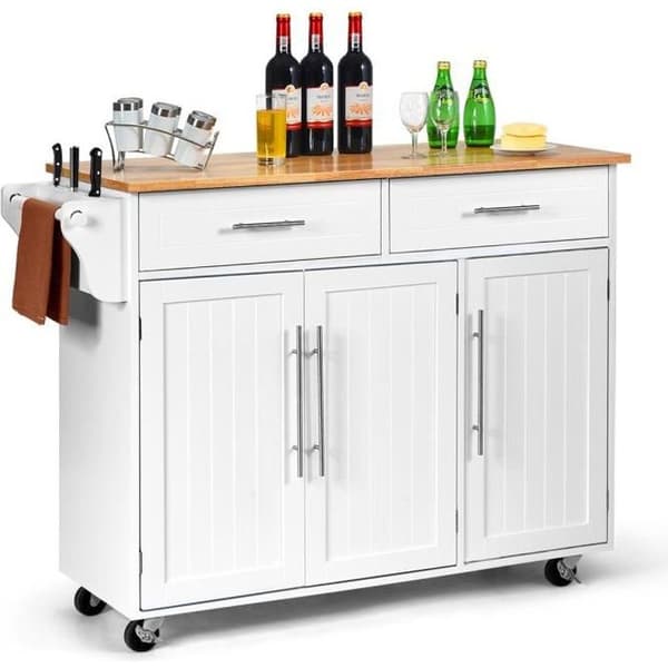 Køkkenvogn/Trolley på hjul 122x46x92,3CM i træ med justerbar hylde Håndklædeholder Knivholder Hvid