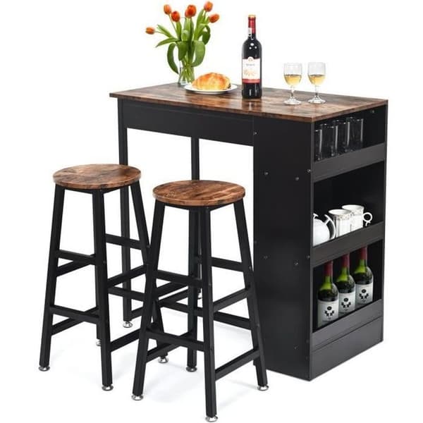 COSTWAY 3-delad högt barbordsset, med 2 H70 cm pallar, 3-vånings sidohylla, för kök, restaurang
