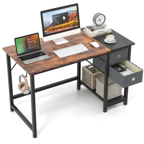 COSTWAY 140 cm computerbord, med 2 skuffer, hængekrog, opbevaringshylde, brun