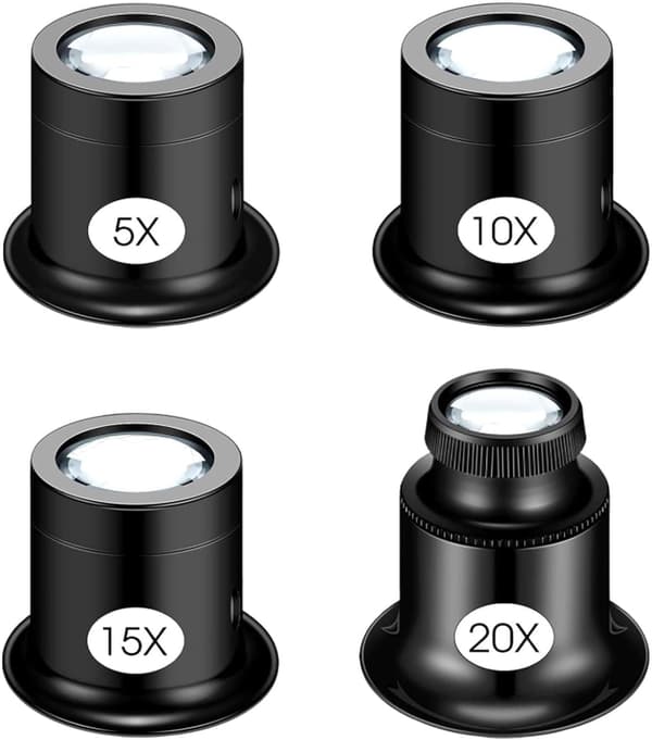 4 stk. Juvelerlupe, Juvelerforstørrelsesglass Urmaker Briller, Lupe Forstørrelsesglass for Smykker, Mynter, Steiner, Frimerker (5X 10X 15X 20X)-FX-