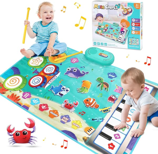 3-i-1 Musikkmatte for Småbarn, Marin Dyre Touch Leketeppe, Piano Keyboard Trommesett med 2 Trommestikker, Bursdagsgave Tidlig Pedagogisk Musikk[GPA]