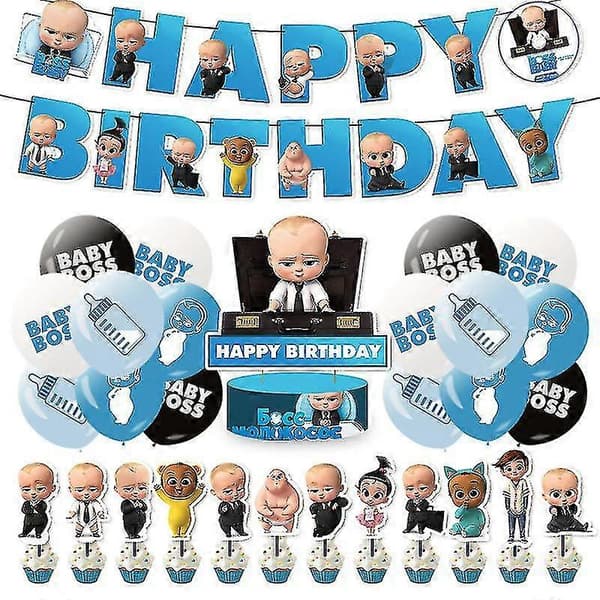 Baby Boss Bursdagsfestdekorasjoner, Gratulerer med dagen Banner Kaketopper Ballonger Sett