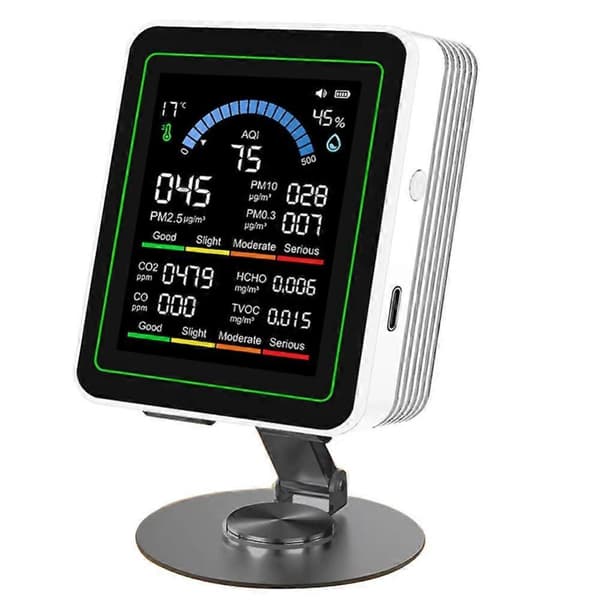 (Hvit) 10-i-1 luftkvalitetsmåler CO2 TVOC PM2.5-detektor Temperatur- og fuktighetsmåler Hvit