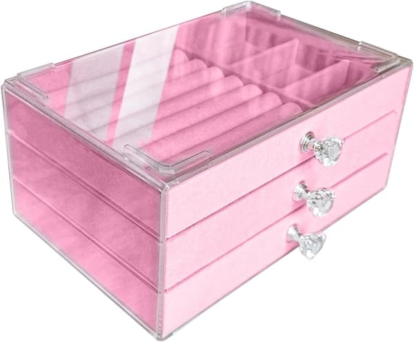 Klar Akryl Smykkeorganisator i Fløyel med 3 Skuffer, Stabelbar Boks for Oppbevaring av Øredobber, Halskjeder, Ringer og Armbånd for Kvinner, Rosa
