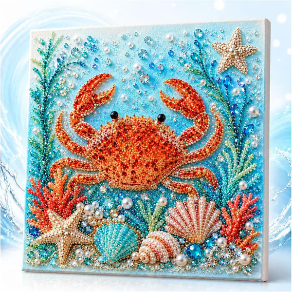 Lanenow Ocean Theme Pearl Art DIY Kit, Perlekunstsett for voksne og nybegynnere med 3D harpiksperler og rhinestones, Kystveggdekor (Krabbe)