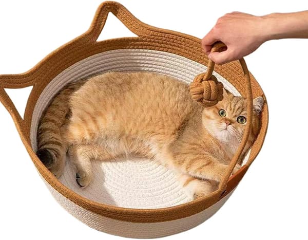 Håndvevd katteseng i bomullstau - pustende og lett å rengjøre sammenleggbar klorehammock med katteøredesign og en lekeball for kattunger