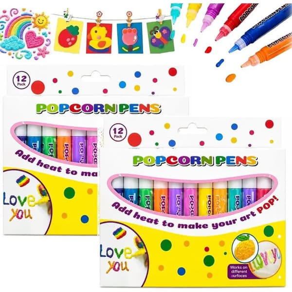 24 STK 3D Puffy Popcorn Penne 12 Farver Hævede Kunstpenne til Kort Håndværk Scrapbooking & DIY Dekorationer 2 Æsker med 12 Penne Hver