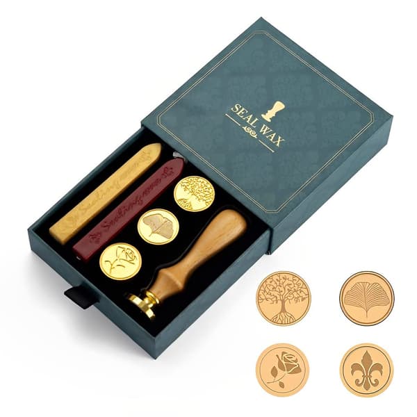 Vokssegl Stempel Sæt Gaveæske, Vokssegl Sæt, 4 stk. Stempel Kobber Segl + 1 Træ Vokshåndtag + 2 Farve Forseglingsvoks Bar, Voks Stempel Sæt