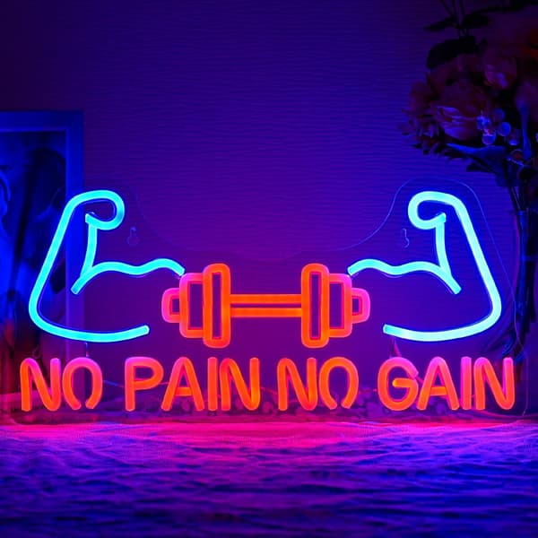 No Pain No Gain Neonskilt for Treningsstudioinnredning, Treningsstudio Neonskilt Lys Hantel LED-skilt, Vektløfting LED-lys Muskel Neonlys, Neonskilt f