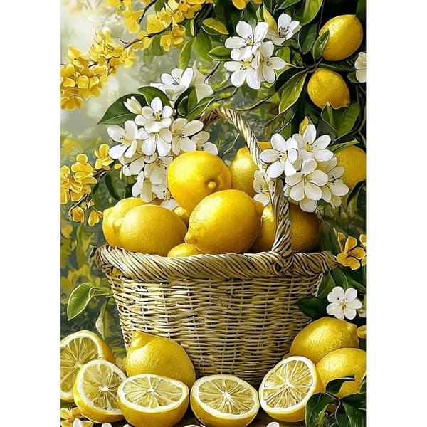 5D Diamantmalingssæt til voksne, Citron Diamantmaling DIY Diamantkunst Sæt, Hvide Blomster Diamant Rhinsten Korssting Maleri til Boligindretning