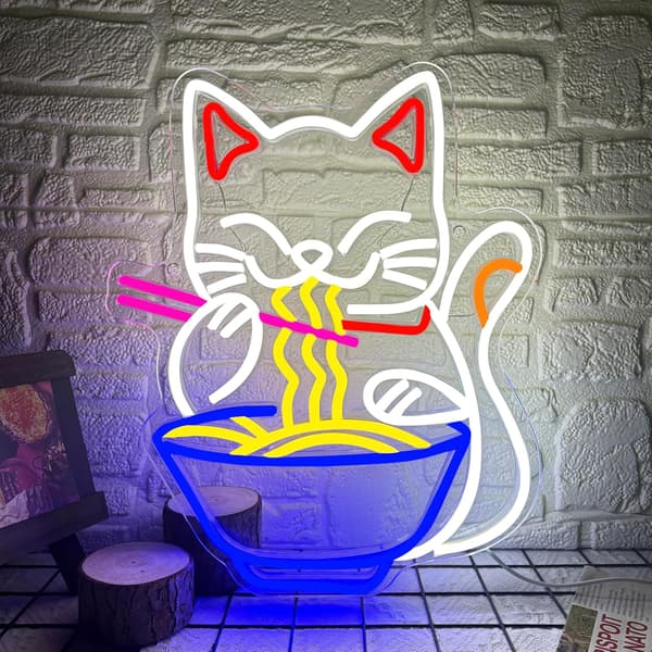 Fortune Cat Ramen Neonskilt, Dæmpbart Japansk Lucky Cat Noodle LED Neonskilt til Vægdekoration, USB-drevet til Restaurant Bar Fest Soveværelse Gaver