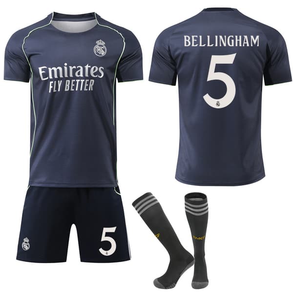 Real Madrid vierasjalkapallopaita kaudelle 2025-2026 lapsille ja aikuisille sukilla - Yhteensopiva Bellingham nro 5:n kanssa [JUN]