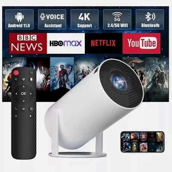 5G 4K Smart Projektor, HD LED WiFi Bluetooth Hjemmekinoprojektor med HDMI USB Android-system for kontor og hjemmekino