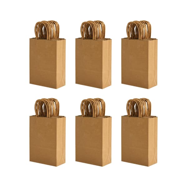 Små brune kraftpapirposer 100-pak 5,8x3,2x8,25 tommer med håndtag | Genbrugt kraftpapir, stærke håndtag, til fødselsdag, jul, indkøb