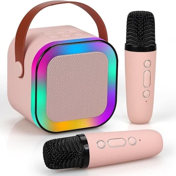 Mini Karaoke-maskin for barn og voksne, bærbar Bluetooth-høyttaler med 2 trådløse mikrofoner, bursdagsfest sangleketøysgave