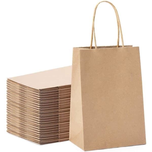 50 kpl Juhla- ja lahjapusseja Kraft-paperista 20,3 x 11 x 27 cm Ruskea Ostospaperipussi Kierretyillä Kahvoilla Juhla-lahjoille (Keltainen)